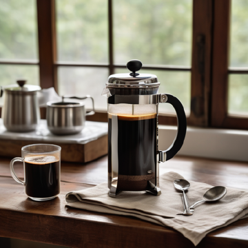 A beginner's French press setup with a full coffee press and a brewed cup on a wooden table, complete with teaspoons and a napkin, near a window, capturing the simple and rich essence of brewing with a French press.