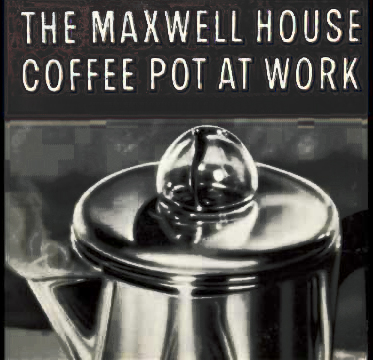 Close-up of a vintage Maxwell House coffee percolator lid with the text "THE MAXWELL HOUSE COFFEE POT AT WORK" displayed above, capturing the quintessential mid-century advertising aesthetic. This image pays homage to the era's iconic coffee culture, highlighting the timeless design and evoking memories of the rich, bold flavors crafted by traditional stove-top percolation methods.