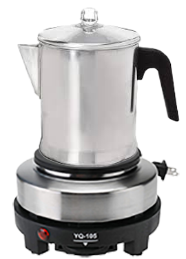 A sleek modern stovetop percolator sits atop an induction cooktop, its shiny exterior and clear glass lid gleaming under the kitchen lights. Designed for compatibility with induction heat sources, this percolator is the perfect blend of traditional brewing and contemporary technology, allowing for the brewing of aromatic coffee through the power of electromagnetic energy. It represents the evolution of percolators, adapting to modern kitchens while maintaining the age-old art of percolation.