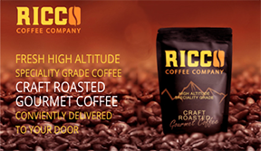 An advertisement for Ricco Coffee Company, highlighting their service of delivering fresh, high-altitude specialty-grade, craft-roasted gourmet coffee conveniently to your door, enhancing the French press coffee experience with their diverse blend selection.