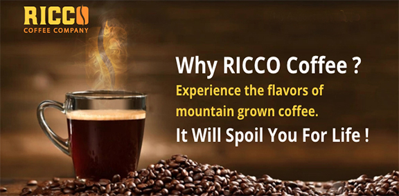 Steam rises from a clear mug of freshly brewed coffee amidst a pile of coffee beans with text that reads "Why RICCO Coffee? Experience the flavors of mountain-grown coffee. It Will Spoil You For Life!" highlighting the unique appeal of Ricco Coffee Company.