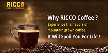 Promotional banner of RICCO Coffee Company with a steaming cup of coffee and coffee beans, featuring the slogan 'Why RICCO Coffee? Experience the flavors of mountain grown coffee. It Will Spoil You For Life!', encapsulating their commitment to high-altitude, specialty-grade coffee with a promise of an exceptional brewing experience.