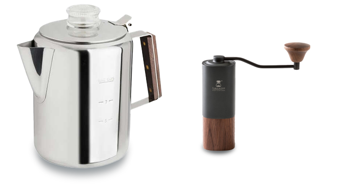 A person's hand is captured pouring finely ground coffee from a copper scoop into the stainless steel basket of a stovetop percolator, preparing for a traditional brew. The focus on the grounds and basket details highlights the initial step in achieving the full-flavored coffee that stovetop percolators are renowned for. This moment is a key part of the brewing ritual, setting the stage for a rich and aromatic coffee experience.