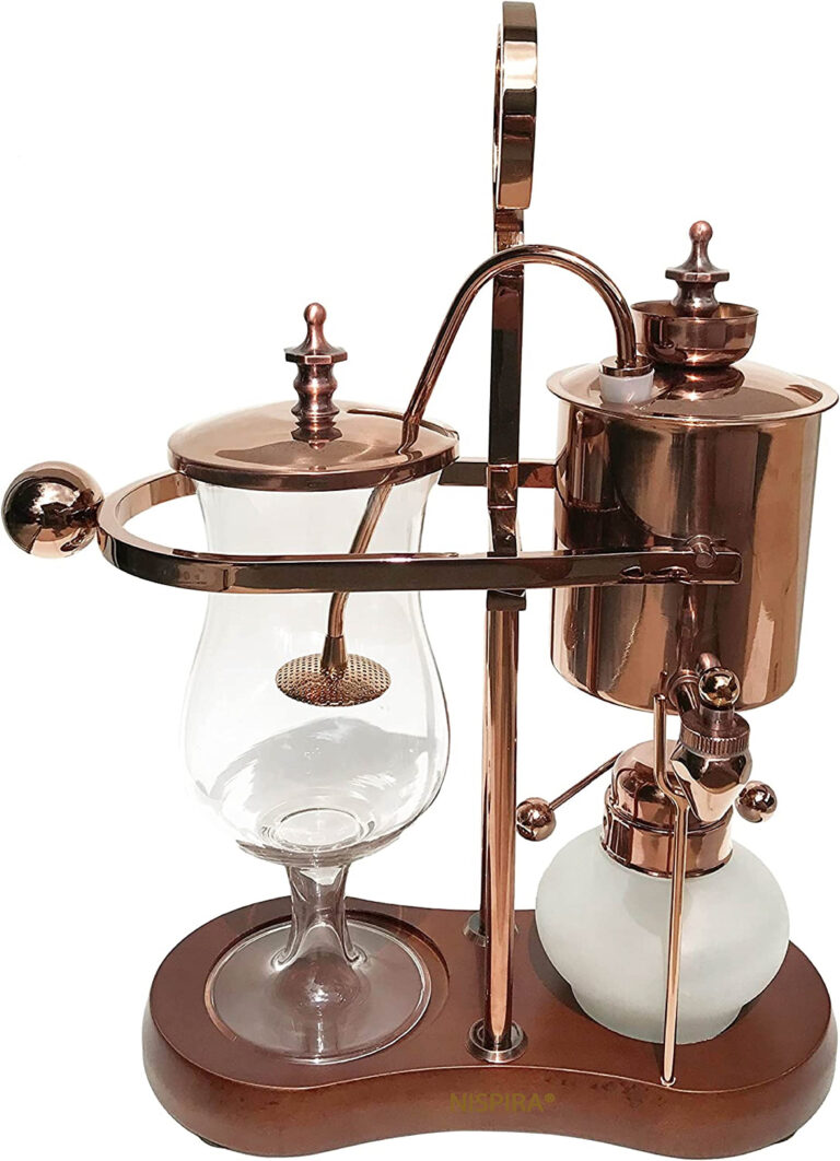 An elegant antique-style siphon vacuum coffee maker with copper and glass components on a wooden base, showcasing the classic design elements of historical brewing equipment.