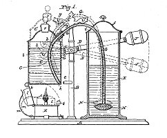 Vintage diagram illustrating the mechanics of a vacuum siphon coffee maker, with labeled parts demonstrating the vapor pressure and gravity principles that drive the brewing process.