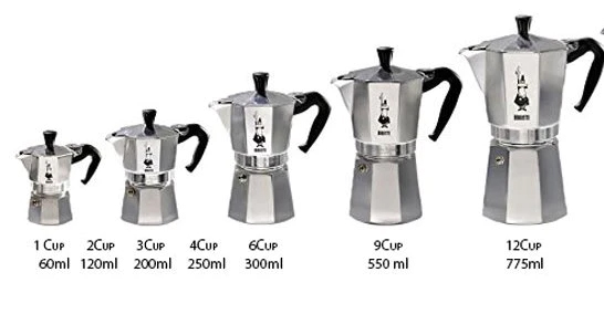 A range of Bialetti Moka Pots in various sizes from 1-cup to 12-cups, highlighting the different options available for brewing Italian espresso-style coffee at home.