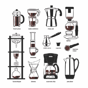 An illustrated chart comparing various coffee brewing methods including the French press, cold brew, Moka Pot, siphon, espresso maker, and more, highlighting the unique brewing process of each method.