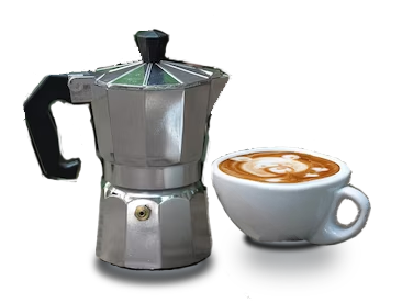 A traditional Moka pot coffee maker brewing a rich cup of coffee, offering a flavorful taste of Italy in every sip, perfect for coffee enthusiasts.