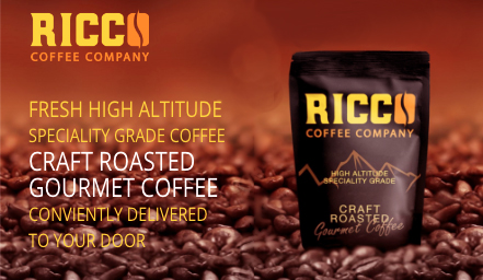 A Ricco Coffee Company advertisement highlighting their high - altitude, specialty - grade, craft - roasted gourmet coffee beans, with a promise of convenient delivery right to your door.