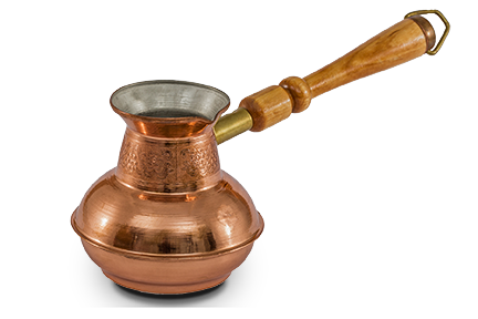 A shiny copper Moka Pot coffee maker with a classic wooden handle, capturing the essence of traditional Italian coffee brewing.