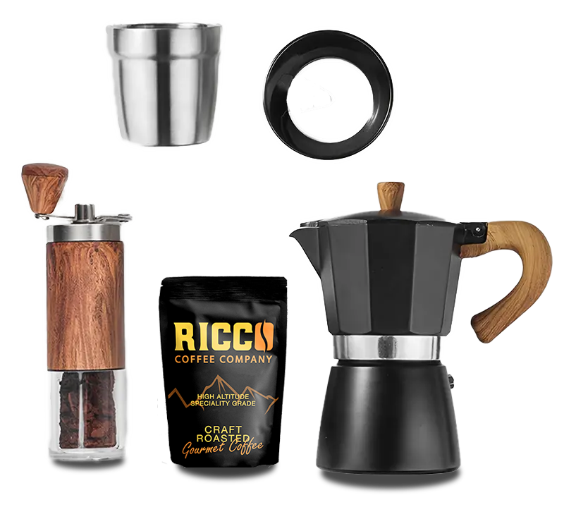 Essential tools for Moka Pot brewing, including a coffee grinder, a Moka Pot with a wooden handle, and a bag of Ricco Coffee Company's craft - roasted gourmet coffee, laid out on a neutral background.