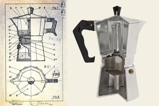 A comparative display of a Moka Pot's original design patent next to the actual Moka Pot, illustrating the internal workings and innovation behind this classic Italian coffee brewer.