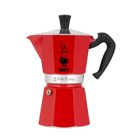 A red Bialetti Moka Express stovetop espresso maker, exemplifying the classic Italian design and color signifying its authentic "Made in Italy" craftsmanship.