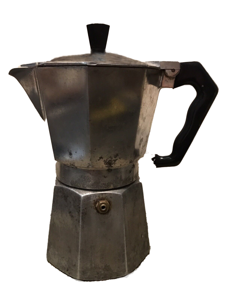 A 1940s vintage Moka Pot, exhibiting signs of wear and a rich patina, symbolizing the long history and traditional craftsmanship of Italian stovetop coffee makers.