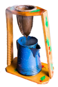 A coffee pot with a wooden stand and a blue pot
