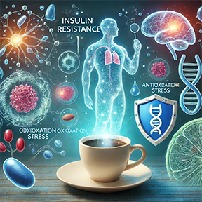 Illustration showing coffee's role in reducing oxidative stress and improving insulin resistance, with scientific elements and a steaming coffee cup